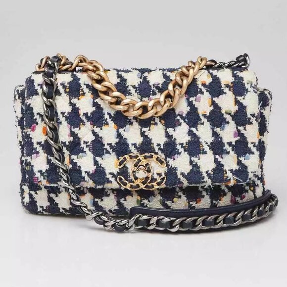 Chanel Blue/White Houndstooth Tweed Chanel 19 Small Flap Bag - Picture 1 of 11